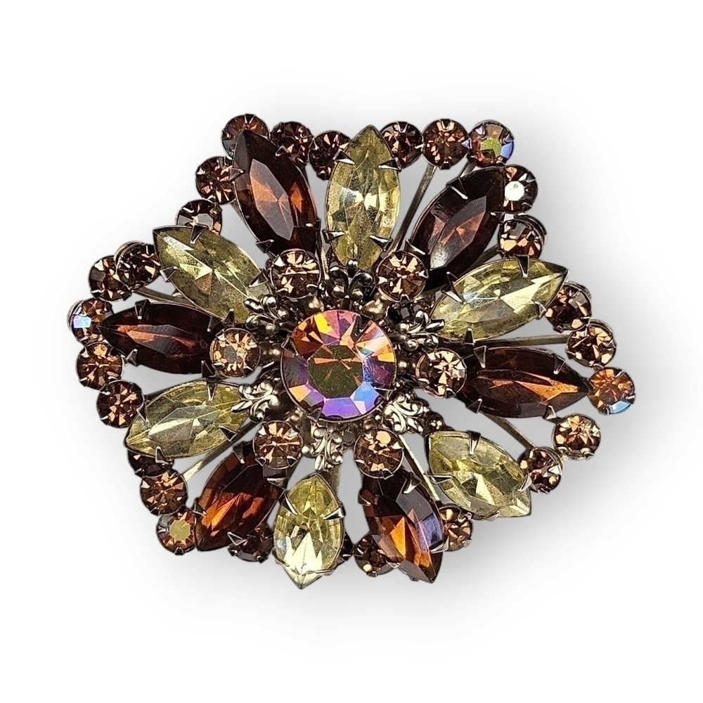 Vintage Rhinestone Flower Brooch Smoky Topaz Yellow AB Navette Layered 2.25"